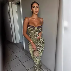 Women Elegant Lace Contrast Floral Bodycon Midi Dress Rose Print Sexy Split Camisole Dress Polyester Party Outwear Dress