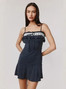 French Retro Women Polka Dot Mini Dress Lace Trim Halter Spaghetti Strap Bow Slim Fit Polyester Dress For Summer Party