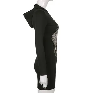 Side view of a slim-fit black hooded long-sleeve dress with intricate wing graphic print.