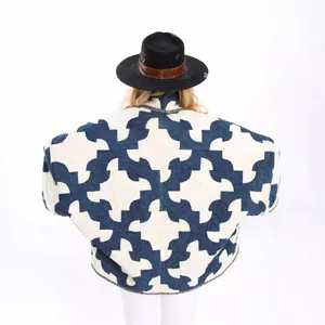 Stylish blue and white geometric print quilted kimono jacket for women, oversized winter coat
