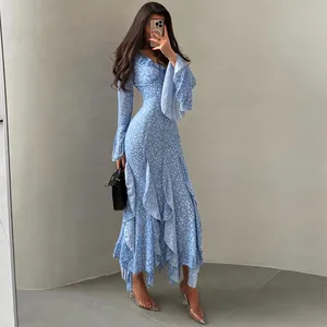 Elegant light blue floral midi dress featuring ruffle neck and stylish flare sleeves
