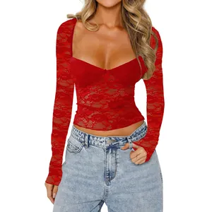 Sexy crop top in pizzo floreale rosso a maniche lunghe con scollo a cuore
