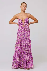 Detailed view of a purple floral bohemian maxi dress with tie-front and tiered skirt