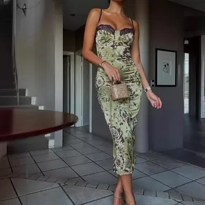 Elegant floral lace midi camisole dress with bodycon fit and slit detail for women.