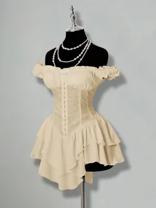 Detail view of off-shoulder ruffled chiffon mini dress with jacquard splicing on a mannequin