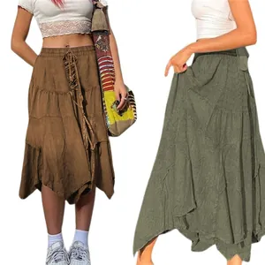 Gonna Midi da Donna Casual in Cotone Lavato Con Orlo Irregolare Gonna Boemia Tinta Unita a Strati Vita Elastica Retrò Vacanza