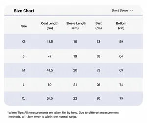 Detailed size chart for seamless yoga short sleeve T-shirt showing bust and length