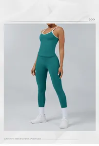Full view of women's teal seamless quick-dry yoga set for gym and fitness