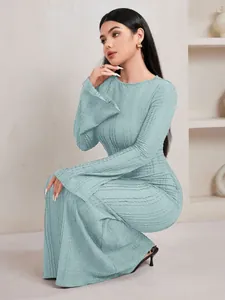 Robe Sirène en Tricot Jacquard pour Femmes Coupe Ajustée Élégante Manche Cloche Couleur Unie Col Rond Robe Longue de Soirée
