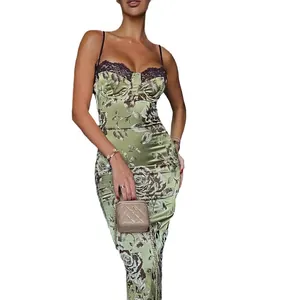 Elegant floral print midi slip dress with black lace trim and side slit for women