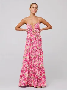 Elegant Bohemian style pink floral spaghetti strap maxi dress for summer beach vacation