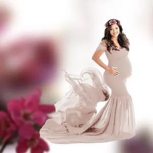 Elegant champagne mercerized cotton maternity photography gown with long chiffon tail