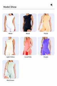 Detailed color showcase of seamless short-sleeved yoga bodysuits for fitness and pilates