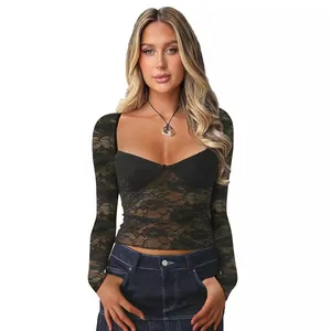 Elegante crop top sexy in pizzo nero a maniche lunghe con lusinghiero scollo a cuore da donna