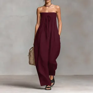 Tuta intera bordeaux senza spalline da donna con coulisse e gamba larga