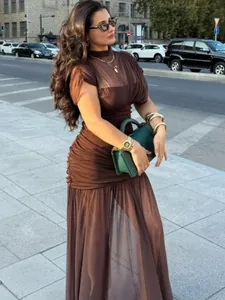 Eleganter brauner Mesh-Maxikleid mit Stehkragen, ärmellos und gerafft im Streetstyle