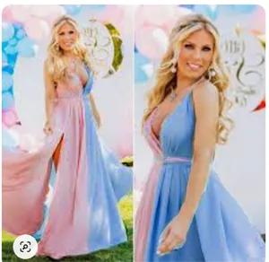 Dual view of the pink and blue color-block maternity dress highlighting the deep V-neckline.