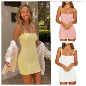 Dames Casual Katoenmix Geribde Gebreide Strik Spaghettibandjes Mini Jurk Slanke Pasvorm Pyjama Top