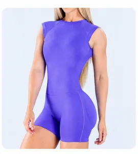 Close-up of a purple seamless short-sleeved one-piece yoga jumpsuit showing a slim fit.