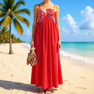 Women Sweet Vacation Style Goldfish Embroidery Camisole Maxi Dress High Waist Loose Fit Spaghetti Strap Red Long Dress