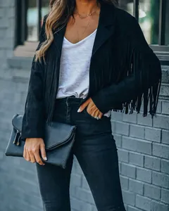 Close-up detail showing the texture and fringe design of women's black suede-style jacket