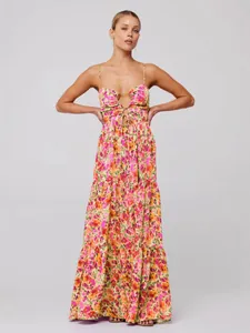 Bohemian floral print maxi dress featuring spaghetti straps and front cut-out detail