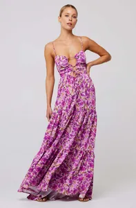 Elegant purple bohemian floral print maxi dress with spaghetti straps and cutout