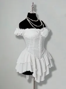 White off-shoulder jacquard chiffon ruffle mini dress displayed on mannequin.