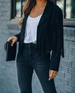 Detailed view of a black fringe suede jacket paired with dark skinny jeans