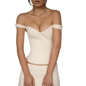 Off-the-shoulder cotton corset top in cream white with a waist-slimming tight fit design