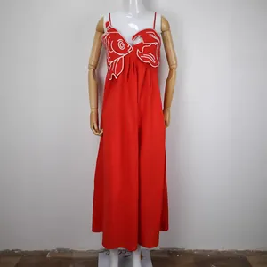 Red high-waist loose camisole maxi dress with sweet goldfish embroidery details.