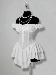 Detailed view of a white off-the-shoulder jacquard ruffled chiffon mini dress.