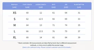 Comprehensive size chart for short sleeve seamless yoga bodysuit in sizes XS to XL