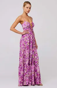 Bohemian floral spaghetti strap maxi dress with cut-out front and tiered skirt