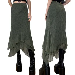 Women Dark Green Polyester Chiffon Irregular Layered Midi Skirt Gothic Retro Floral Printed High Waist Asymmetric Long Skirt