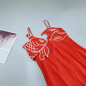 Sweet style red camisole maxi dress with unique white goldfish embroidery design