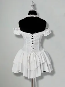 Back view detail of white ruffled off-shoulder chiffon mini dress with lace-up corset