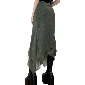 Olive green floral chiffon long skirt with asymmetrical hem and layered design.
