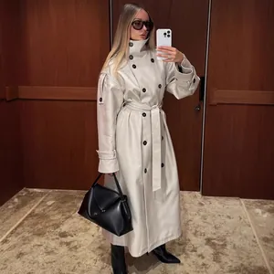 Women British Style Long Trench Coat Elegant Double Breasted Tie Waist Solid Beige Windbreaker Outerwear Top For Autumn Winter