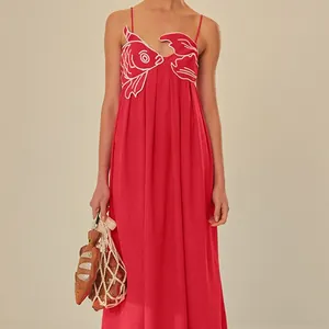 Elegant red maxi dress featuring unique fish embroidery with spaghetti straps and loose fit