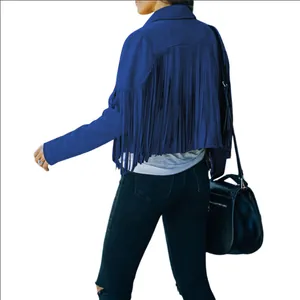 Detailed back view of a vibrant royal blue fringe suede jacket for women in autumn style