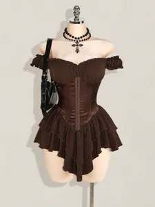 Detailed view of dark brown off-shoulder tiered ruffle mini dress with corset bodice