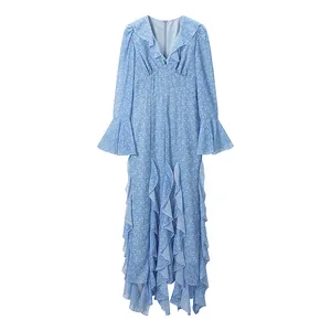 Floral print light blue maxi dress with V-neck ruffles and flared sleeves for summer