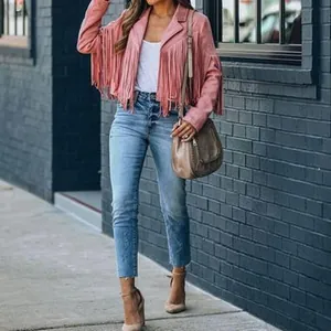 Women Bohemian Western Fringe Jacket Polyester Faux Suede Tassel Long Sleeve Slim Fit Cropped Outerwear Coat For Streetwear