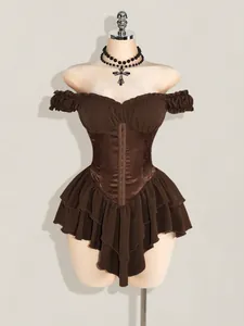Dark brown off-shoulder corset mini dress with jacquard panels and ruffled tiered hem