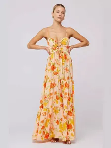 Elegant floral print tiered camisole maxi dress with bohemian beach style for summer