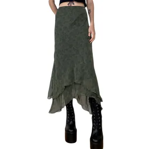 Floral green chiffon maxi skirt with irregular layered hem and high waist fit.
