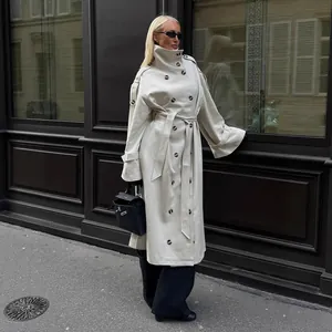 Elegant off-white double-breasted long trench coat with belt for women 2025 autumn fashion