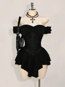 Detailed view of a black off-the-shoulder jacquard corset chiffon mini dress