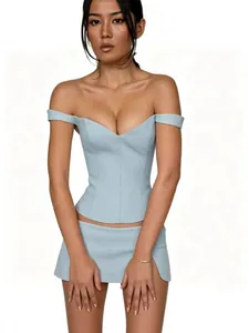 Lichtblauw off-the-shoulder strak katoenen korset top en bijpassende mini-rok set mode